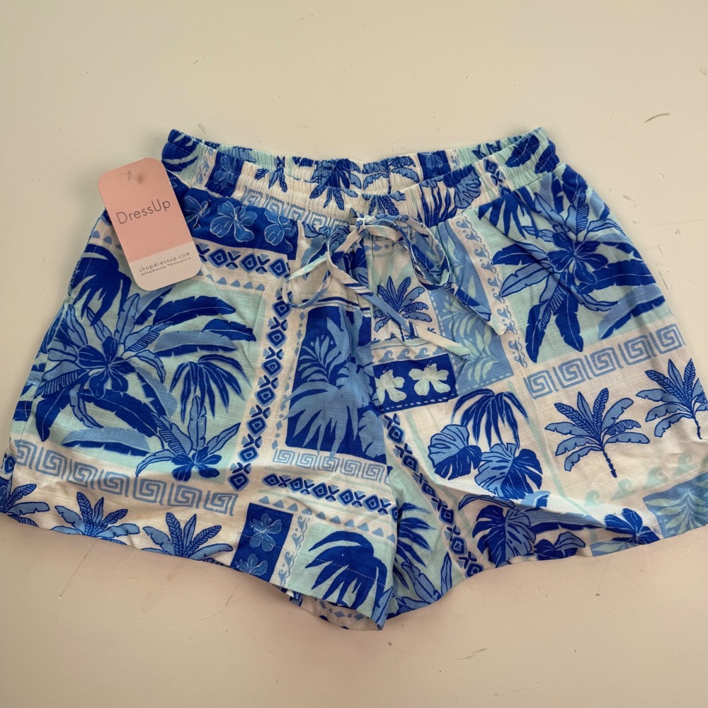 Hudson Gray Blue Summer Beach Tropical Palm Drawstring Shorts Womens Medium